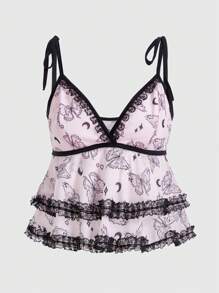 ROMWE Kawaii In bướm Viền Lace tương phản Cà vạt vai Cami ngọn - Hồng - Xem 1