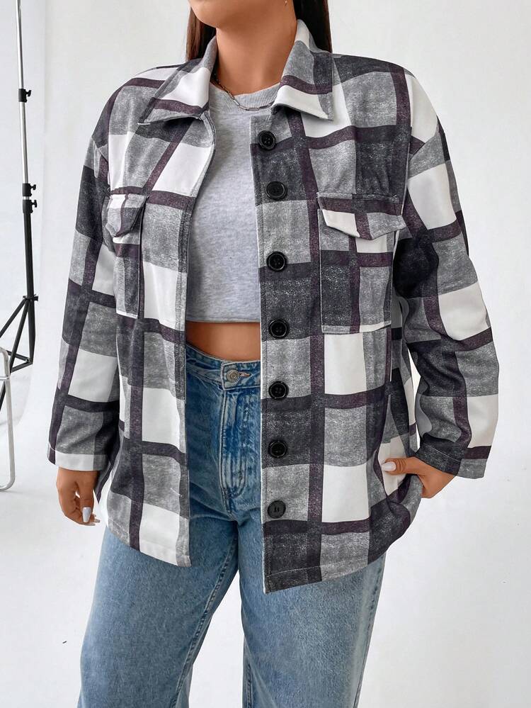Plus Plaid Print Drop Shoulder Overcoat Fall Cloth For Women