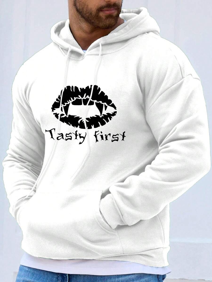 Manfinity Homme Men Plus Lip & Letter Graphic Kangaroo Pocket Drawstring Hoodie - White - View 1