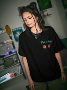 Rick and Morty | ROMWE Letter And Cartoon Figure Graphic Drop Shoulder Tee, School - Black - View 5