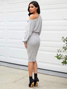 SHEIN Maternity Drop Shoulder Belted Bodycon Dress - Grey - View 2