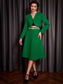 Vintamour Women Solid Color Long Sleeve Short Elegant & Fashionable Overcoat, Autumn/Winter - Green - View 4