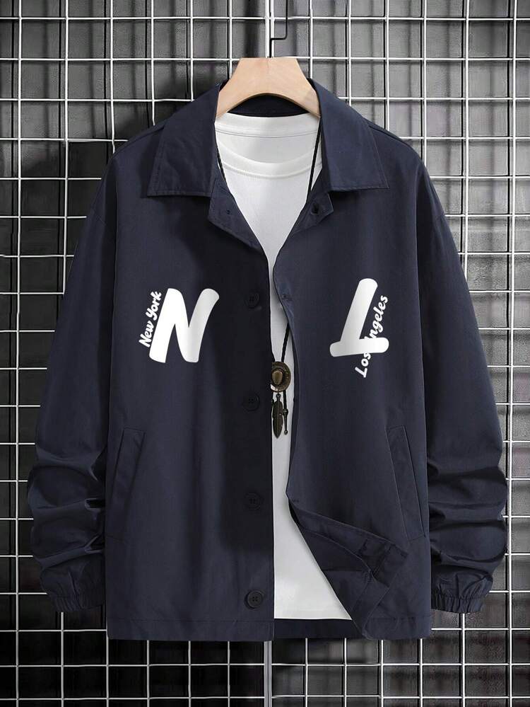 Loose Fit Men's Jacket With Letter Graphic, No Tee Included
