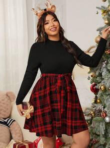SHEIN EZwear فستان بحزام طباعة مربع النقش مقاس كبير - متعدد الألوان - مشاهدة 3
