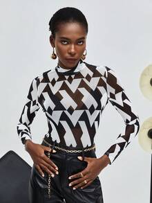 Maija Geo Print Mock Neck Mesh Top - Black and White - View 4