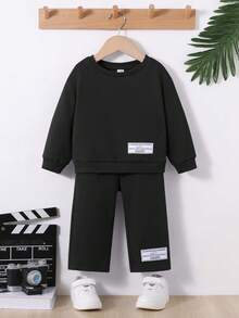 SHEIN 男嬰標語圖案落肩袖衛衣和衛褲 - 黑色 - 查看 6