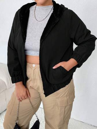 SHEIN CURVE+ Plus Slant Pockets Teddy Lined Hooded Jacket