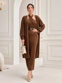 Modelyn Solid Bodycon Dress & Open Front Coat Without Belt 2 Piece Set - Brown - View 3