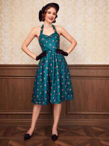 SHEIN DECDS 波點圖案繞頸露背洋裝 - 藍色 - 查看 1