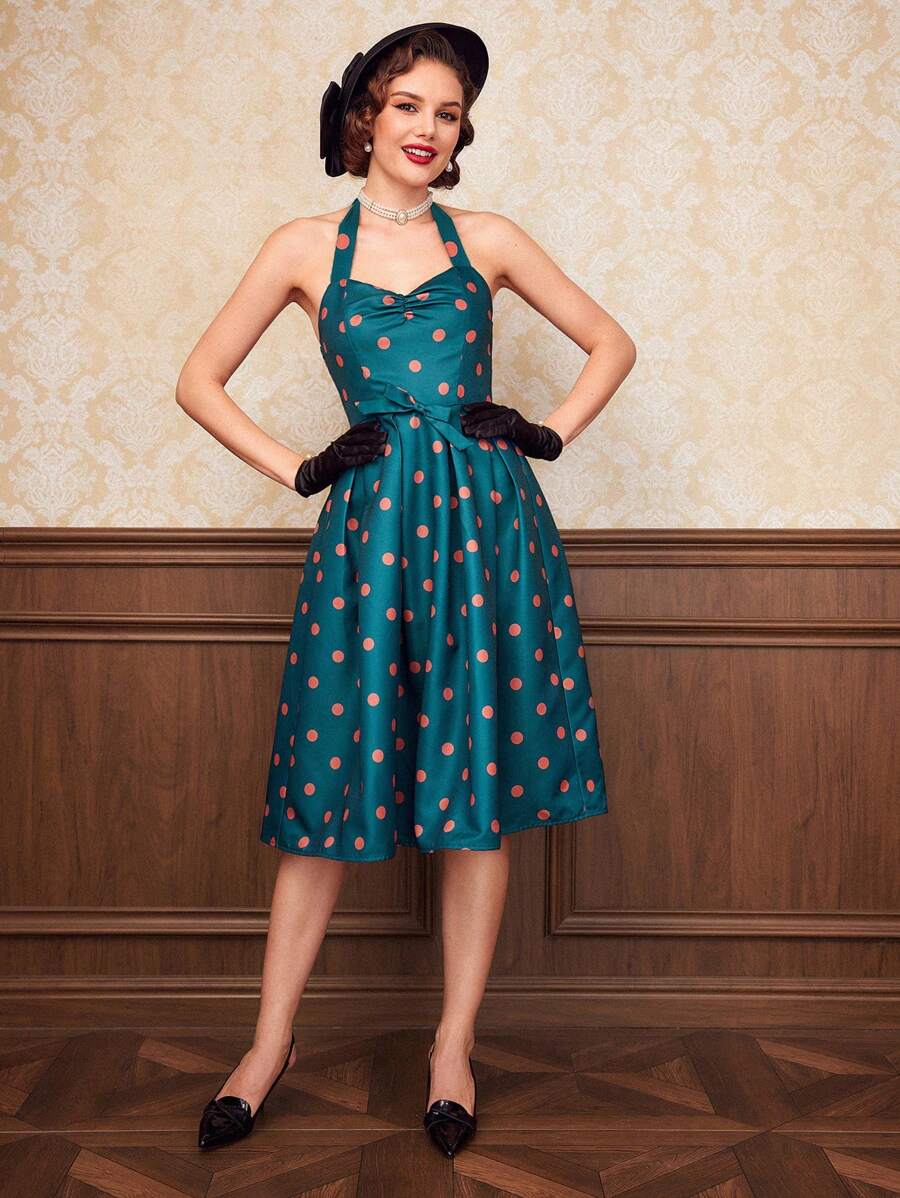 SHEIN DECDS 波點圖案繞頸露背洋裝 - 藍色 - 查看 1