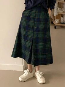 DAZY 女士百搭复古格子印花半身裙 - 綠色 - 查看 3