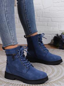 秋冬女士蓝色工装高帮英伦风靴子，适合四季，女靴 - 藍色 - 查看 3