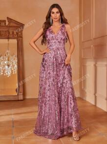 Faeriesty Elegant V-Neck Sleeveless A-Line Sequin-Decor Dress – Lightweight Flowy Formal Gown For Spring-Summer – Perfect For Wedding Guest, Gala, Evening Dinner, Red Carpet Events Party Dress