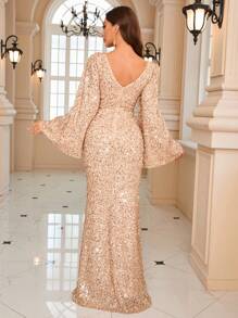 Flare Sleeve Sequin Formal Dress Elegant Long Sleeve Prom Evening Wedding Guest Gown, For Graduation, Dinner - 香檳色 - 查看 2