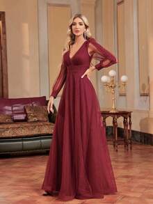 XUIBOL Plunging Neck Lantern Sleeve Mesh Prom Dress - Burgundy - View 8