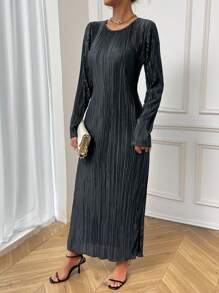 RosyDaze Vestido maxi con recorte de lechuga sólida y plisado para mujer