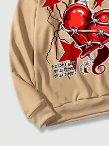 ROMWE MEN Grunge Punk 男士愛心和標語圖案抽繩連帽衫 - 卡其色 - 查看 3