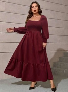 SHEIN LUNE Plus Square Neck Lantern Sleeve Ruffle Hem Dress - Burgundy - View 5