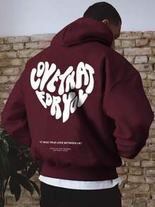 Manfinity Hypemode Nam Lỏng lẻo phù hợp Hoodie Với In Khẩu hiệu , Túi kangaroo Và Dây rút Khép kín - Màu Đỏ Sâu - Xem 1
