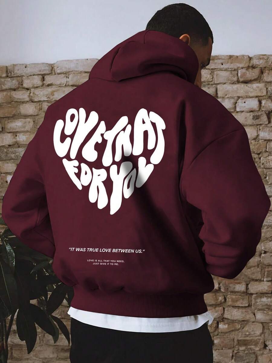 Manfinity Hypemode Nam Lỏng lẻo phù hợp Hoodie Với In Khẩu hiệu , Túi kangaroo Và Dây rút Khép kín - Màu Đỏ Sâu - Xem 1