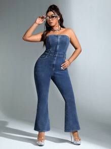 SHEIN ICON Plus Flare Leg Tube Denim Jumpsuit - Blue - View 1