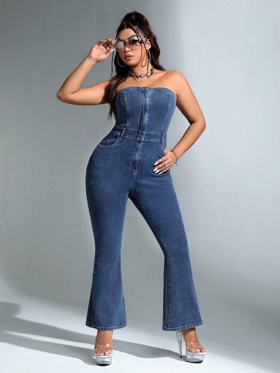 SHEIN ICON Plus Flare Leg Tube Denim Jumpsuit - Blue - View 1