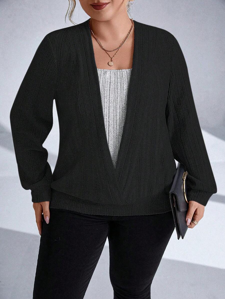 SHEIN LUNE Plus Solid Ribbed Knit Sweatshirt Pullover Fall Sweatshirt - Multicolor - View 1