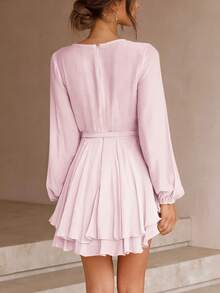 Plunging Neck Lantern Sleeve Layer Hem Belted Dress - Baby Pink - View 6