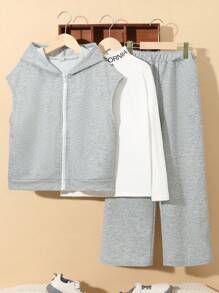 SHEIN Tween Boy 1pc Letter Graphic Mock Neck Tee & Zipper Up Jacket & Wide Leg Pants