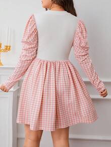 SHEIN Privé Hơn Bản in Gingham Tay áo Đầm - Hồng - Xem 2