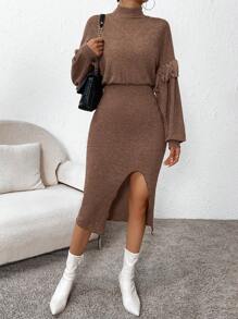 SHEIN Privé Áo cao cổ Viền rìa Tay áo lồng đèn Tách đùi Đầm - màu nâu - Xem 3