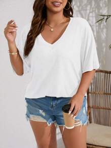 INAWLY Plus Solid Batwing Sleeve Tee - White - View 5