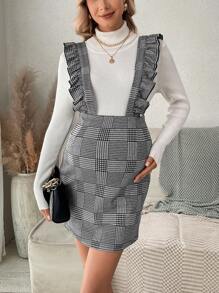 SHEIN 孕婦千鳥格印花荷葉邊背帶洋裝無毛衣 - 灰色 - 查看 6