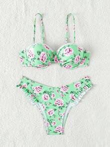 Women's Flower Print Frilled Bikini Set Summer Beach - Multicolor - View 7