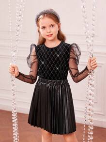 女大童網紗拼接羊腿袖金屬亮絲T恤&百褶半身裙 - 黑色 - 查看 6