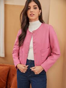 SHEIN Frenchy Nút phía trước Vá Túi Áo khoác - Hồng - Xem 2