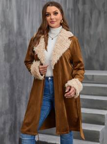 SHEIN LUNE Plus Fuzzy Trim Belted Coat