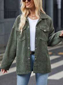 SHEIN LUNE Túi có nắp Thả vai Vải to sợi Áo sơ mi - màu xanh lá - Xem 5