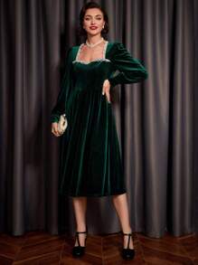 SHEIN DECDS 蕾絲裝飾甜心領燈籠袖天鵝絨連身裙俱樂部女裝綠色連身裙派對女裝長裙連身裙帶袖復古衣服冬季連身裙聖派翠克節 - 綠色 - 查看 6