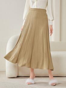 Modelyn Solid High Waist Pleated Sweater Skirt - Khaki - View 5