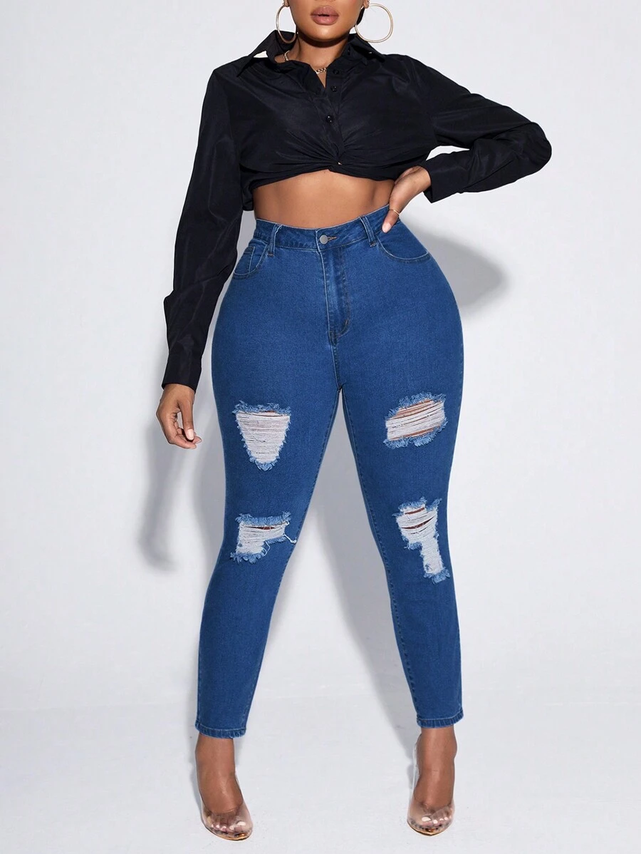 SHEIN SXY Talla grande Jeans ajustados desgarro de talle alto - Azul lavado medio - Ver 1