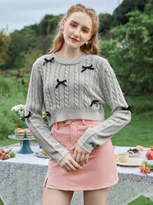 SHEIN MOD 蝴蝶結裝飾麻花編織套頭毛衣 - 灰色 - 查看 2