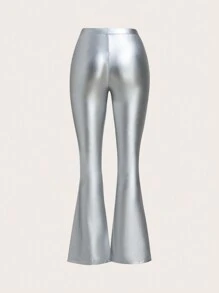 SHEIN ICON 纯色喇叭腿漆皮女式派对裤 - 銀色 - 查看 2