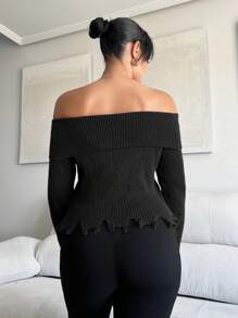 SHEIN SXY 一字肩破洞毛衣 - 黑色 - 查看 2