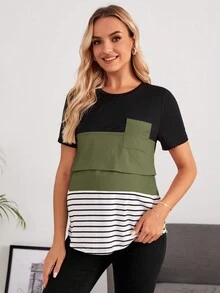 SHEIN 孕婦條紋印花撞色補丁貼口袋哺乳細節T恤 - 軍綠色 - 查看 5