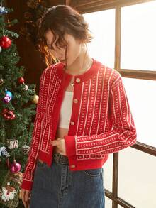 Knit Mix 幾何圖案前紐扣開襟衫 - 紅色 - 查看 6