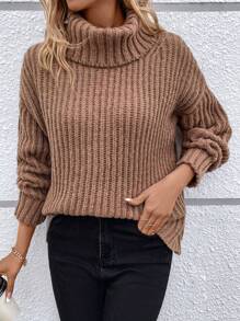 SHEIN LUNE Áo cao cổ Thả vai Đồ đan Ribbed Áo len - Cà phê nâu - Xem 1