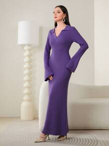 Modelyn Solid Flare Sleeve Ribbed Knit Sweater Dress Without Belt - Purple - View 1