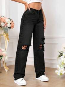 SHEIN Tall 破洞直筒牛仔褲 - 黑色 - 查看 3