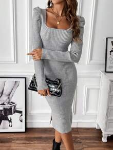 SHEIN Frenchy Square Neck Puff Sleeve Split Hem Sweater Dress - Apricot - View 6